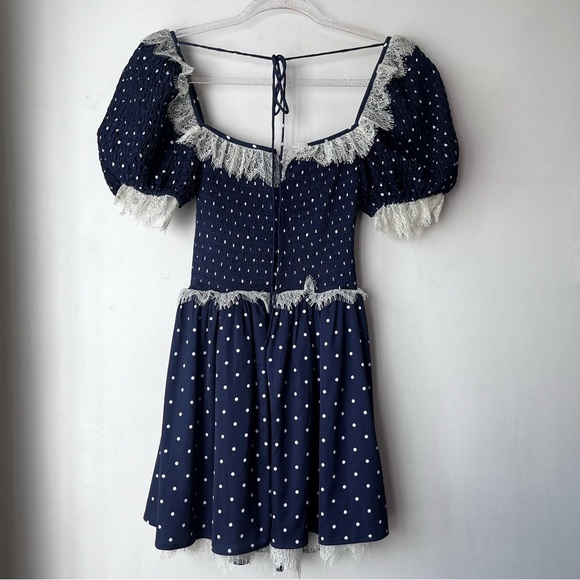 For Love & Lemons Ines Navy Blue & White Polka Dot Lace Trim Mini Dress S NWT - Picture 6 of 8